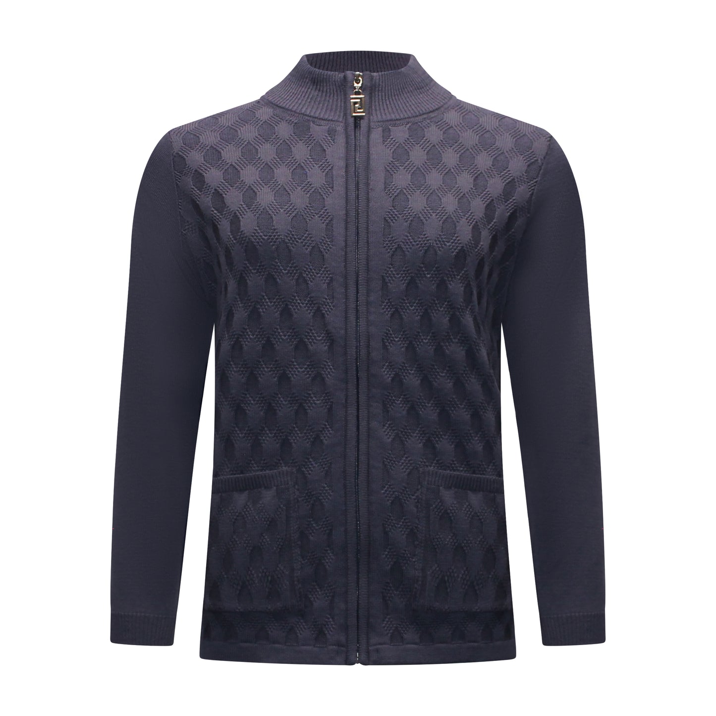 Voorzijde van Bon Tricot vest Tineke met opstaande geribbelde kraag, ritssluiting, zakken en ajour-structuurpatroon in marineblauw.