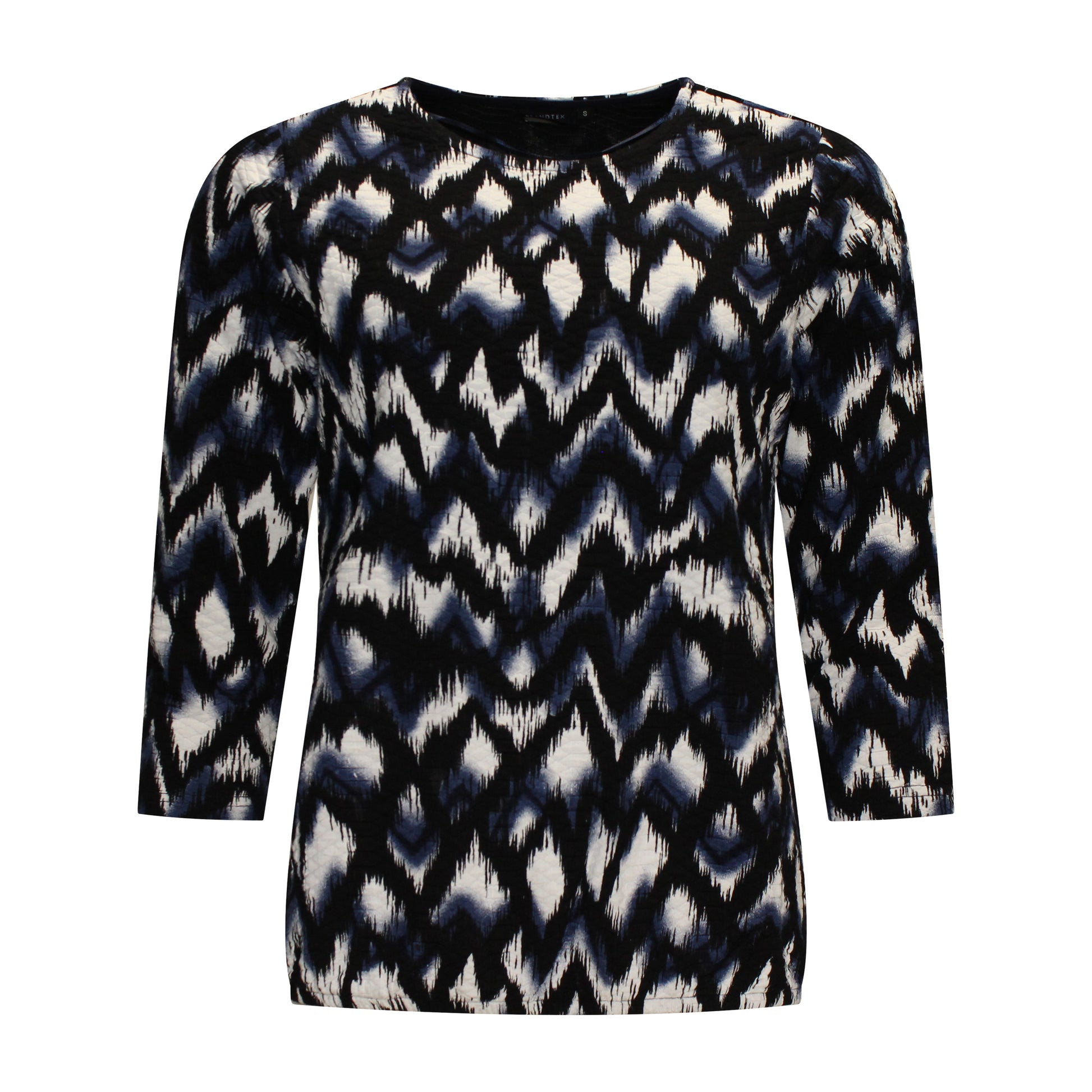 Voorzijde van Brandtex Blouson Mirna in zachte stof met driekwart mouwen in blauw met zwart.