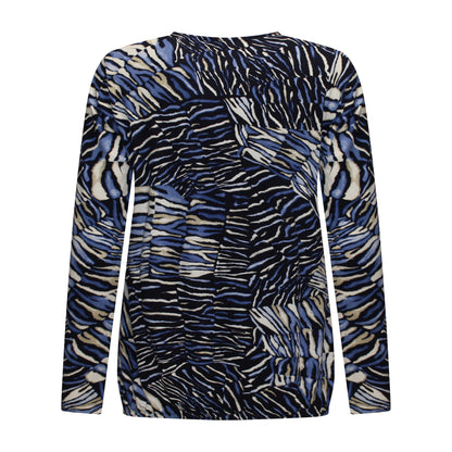 Achterzijde van Brandtex Blouson Yara met ronde hals, lange mouwen en elastische onderband in blauw met zwart patroon.