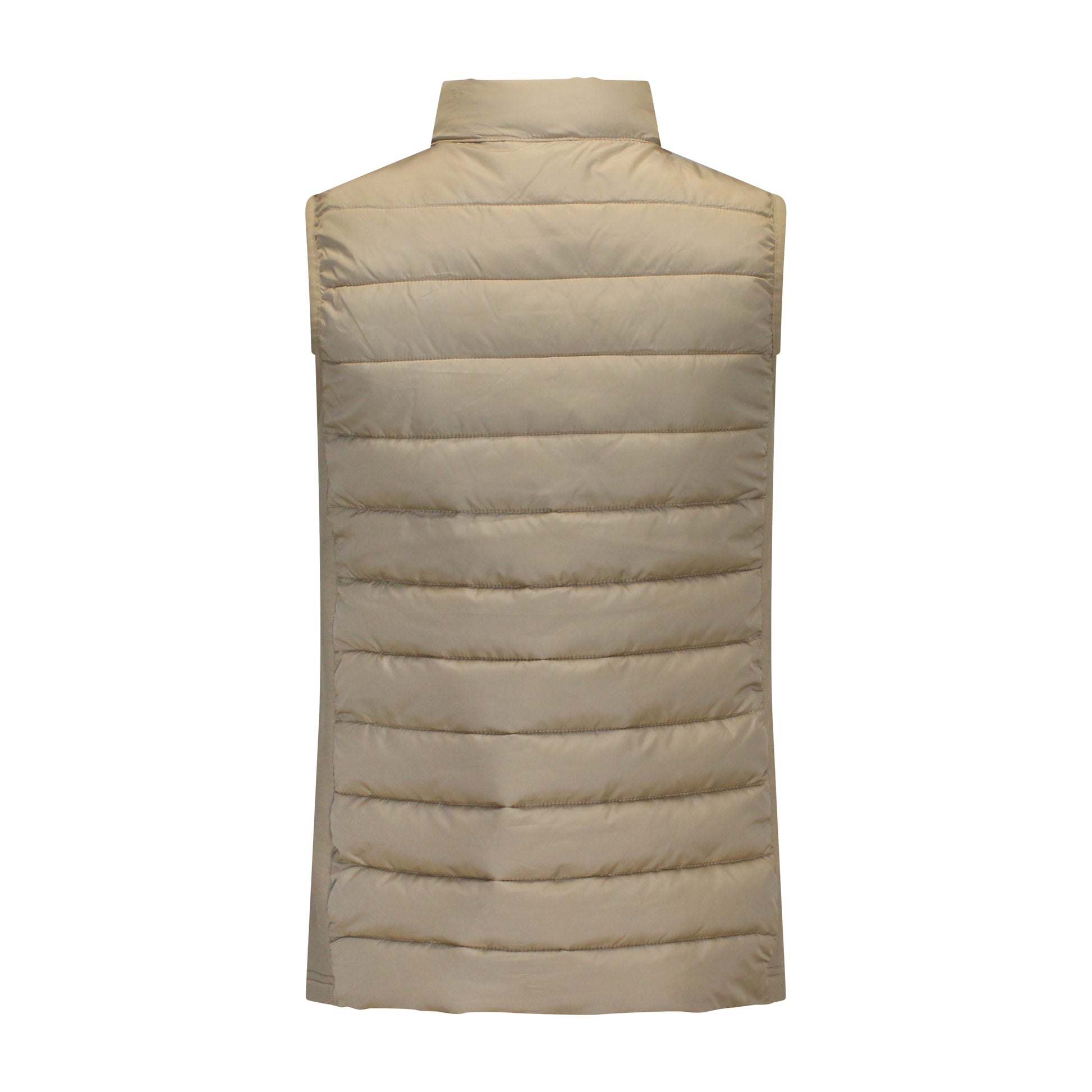 Achterzijde van Brandtex bodywarmer Karlijn in beige met stretchstof aan de zijkanten.