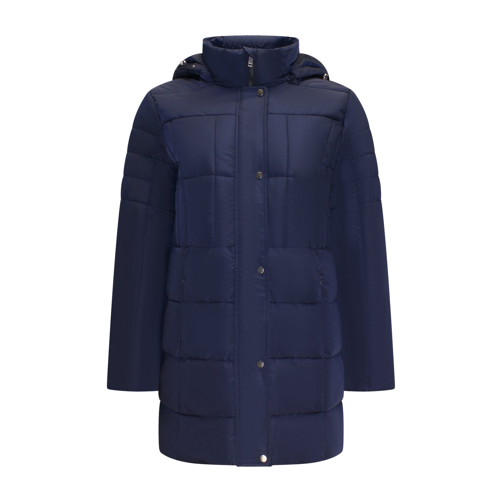 Voorzijde van Brandtex Jas Lorine in marineblauw met knoopsluiting, capuchon en ritszakken.
