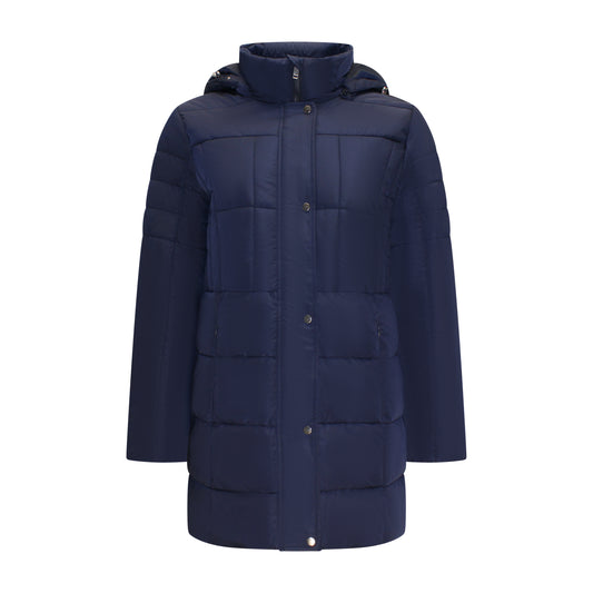 Voorzijde van Brandtex Jas Lorine in marineblauw met knoopsluiting, capuchon en ritszakken.
