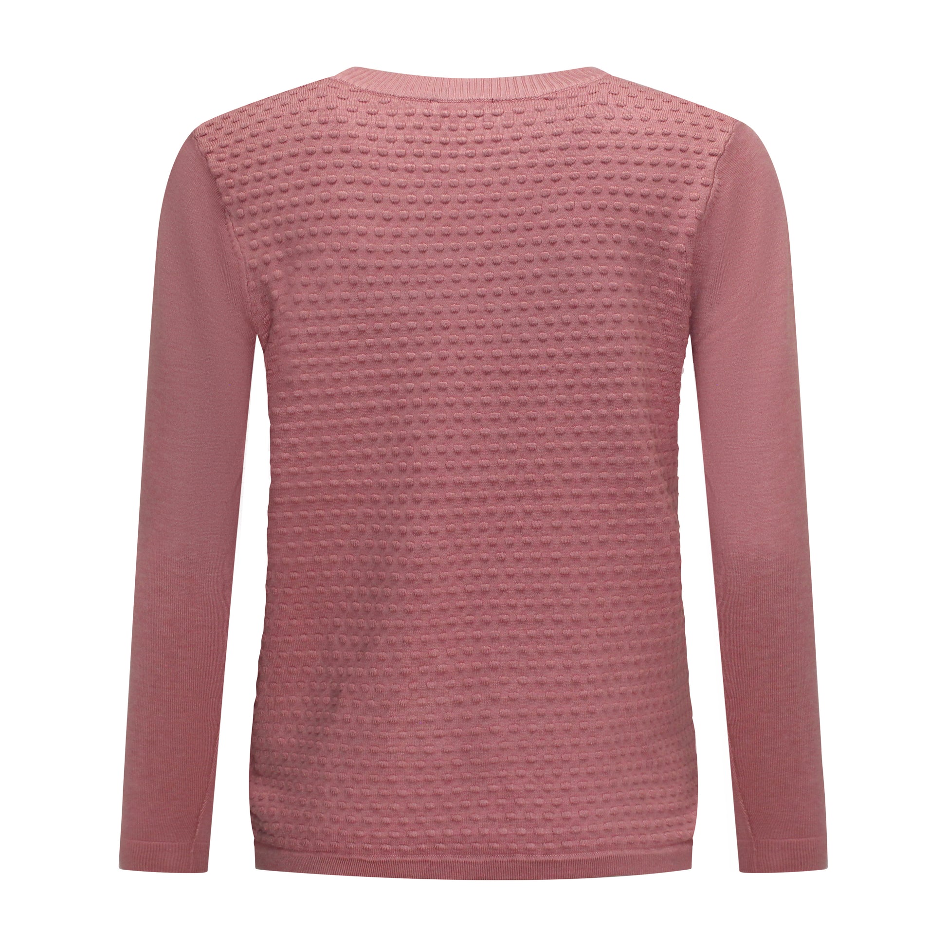 Achterzijde van Brandtex pullover Marit met lange mouwen, blokkenprint, en knoopdetail in het roze.