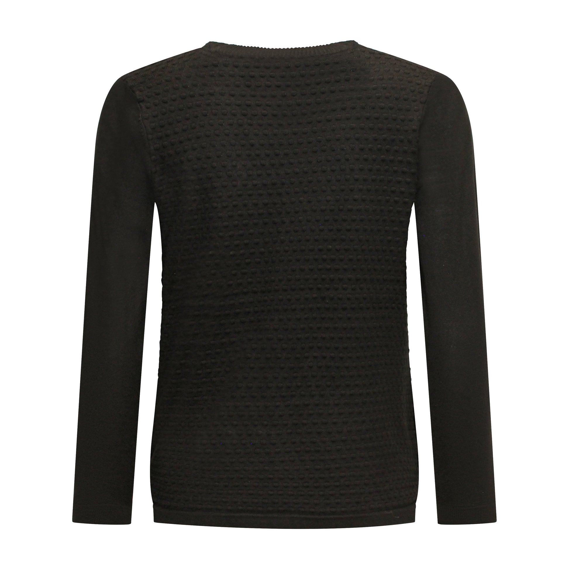 Achterzijde van Brandtex pullover Marit met lange mouwen, blokkenprint, en knoopdetail in het zwart.