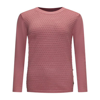 Voorzijde van Brandtex pullover Marit met lange mouwen, blokkenprint, en knoopdetail in het roze.