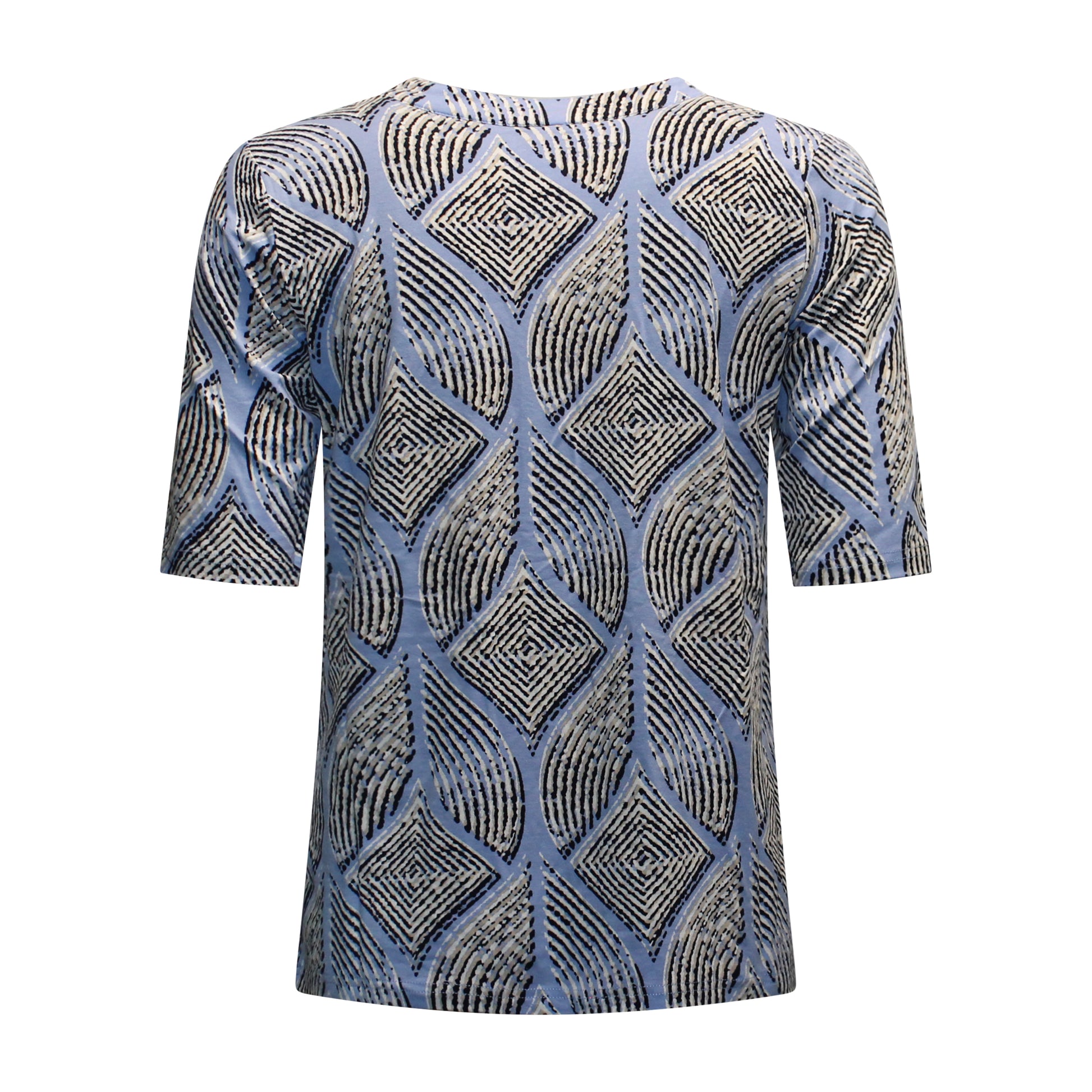 Achterzijde van Brandtex t-shirt Lisan in het blauw met zandtinten en rechte pasvorm.