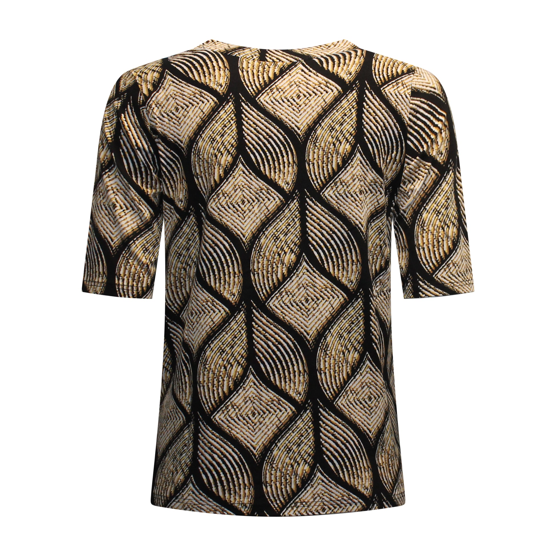 Achterzijde van Brandtex Shirt Lisan in zwart met bruin en gele tinten en rechte pasvorm.