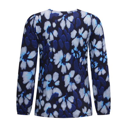Achterzijde van Brandtex T-shirt Lieke met ronde hals, lange mouwen en recht model in het blauw.