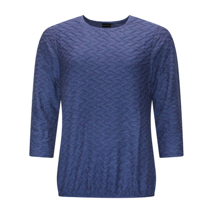 Voorzijde van Brandtex T-shirt Luna met ronde hals, driekwart mouwen en subtiel motiefje in marine.