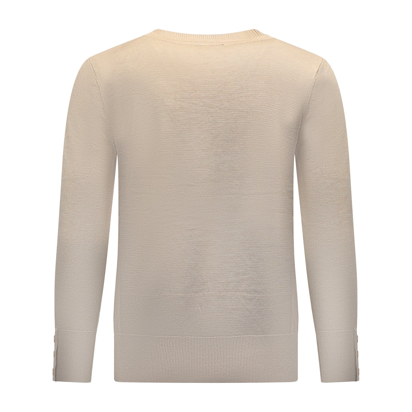 Achterzijde van Brandtex Trui Renske met ronde hals, lange mouwen en boord in beige.