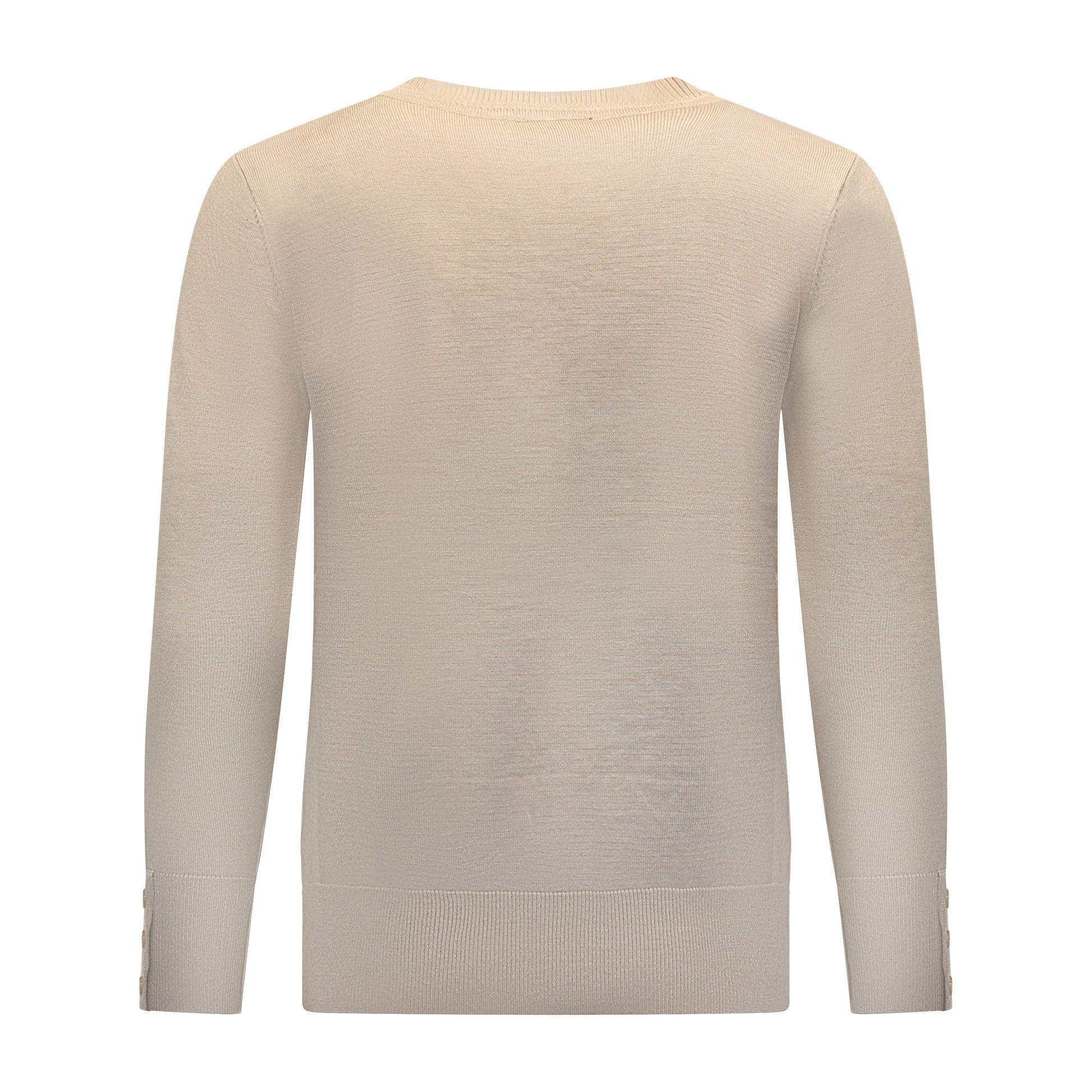 Achterzijde van Brandtex Trui Renske met ronde hals, lange mouwen en boord in beige.