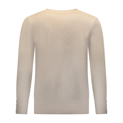 Achterzijde van Brandtex Trui Renske met ronde hals, lange mouwen en boord in beige.