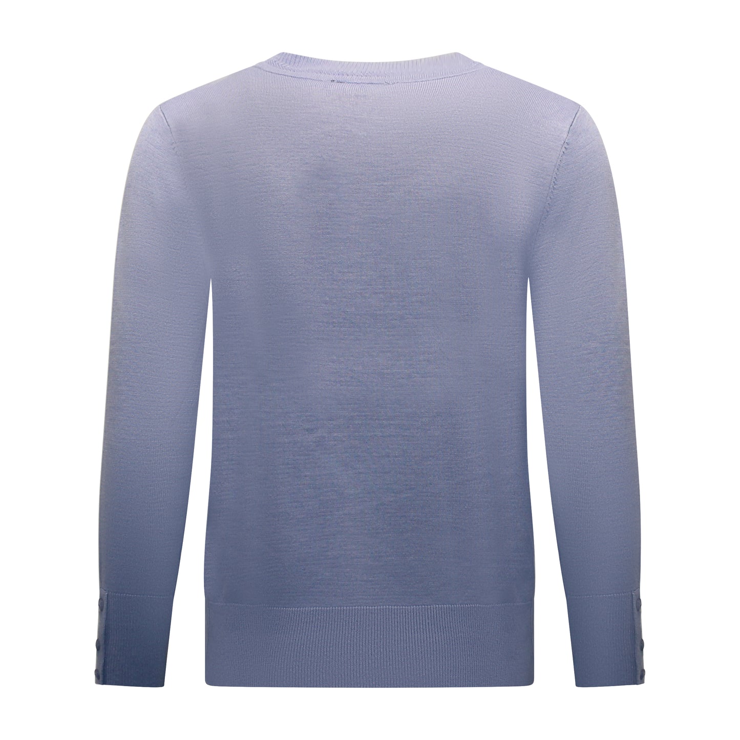 Achterzijde van Brandtex Trui Renske met ronde hals, lange mouwen en boord in het lichtblauw.