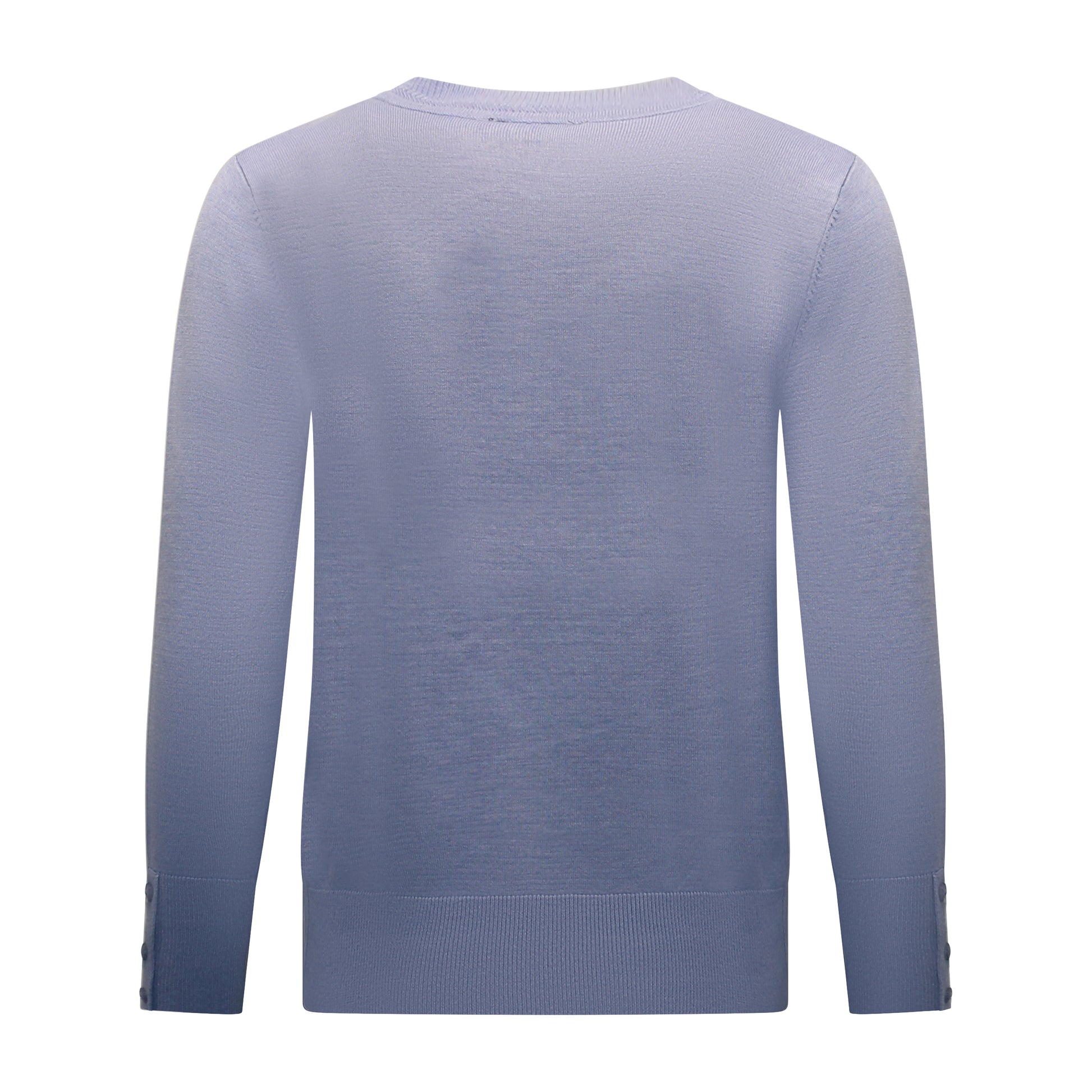 Achterzijde van Brandtex Trui Renske met ronde hals, lange mouwen en boord in het lichtblauw.