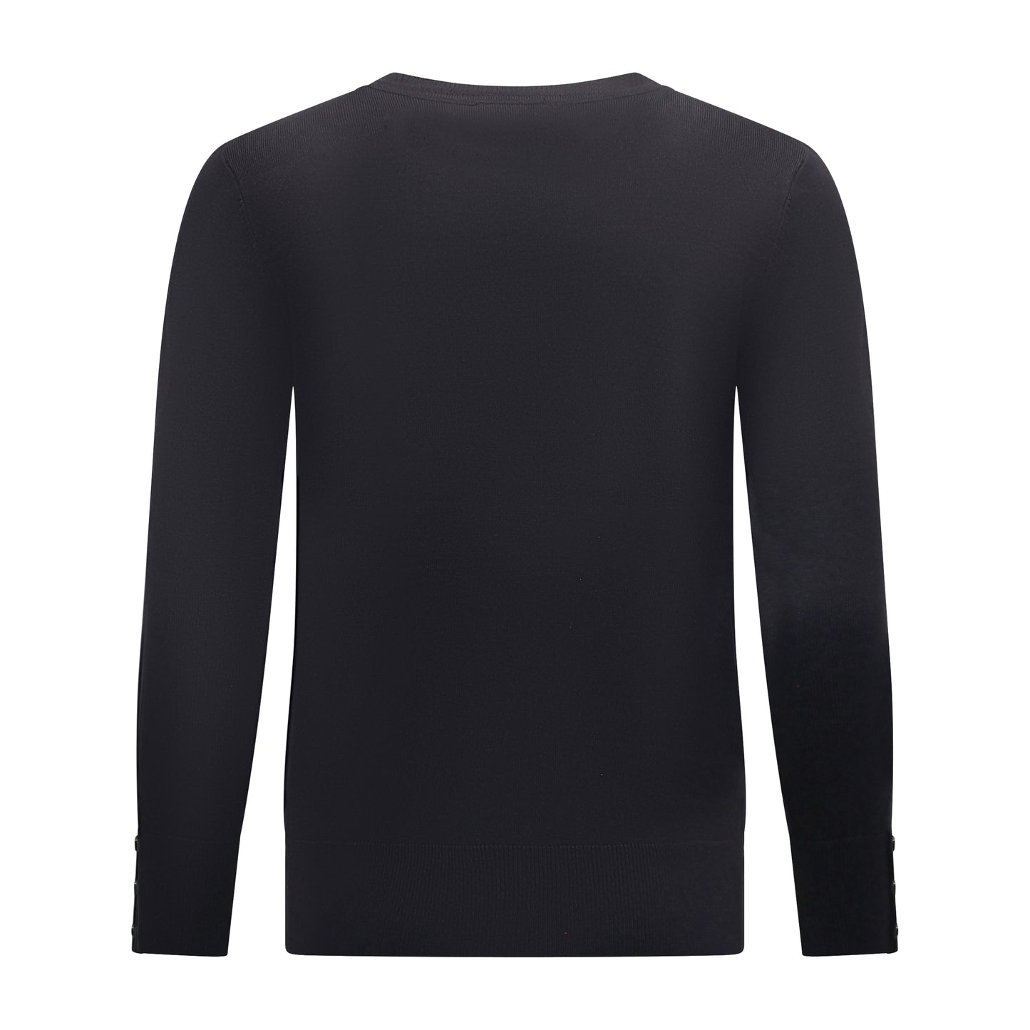 Achterzijde van Brandtex Trui Renske met ronde hals, lange mouwen en boord in marineblauw.