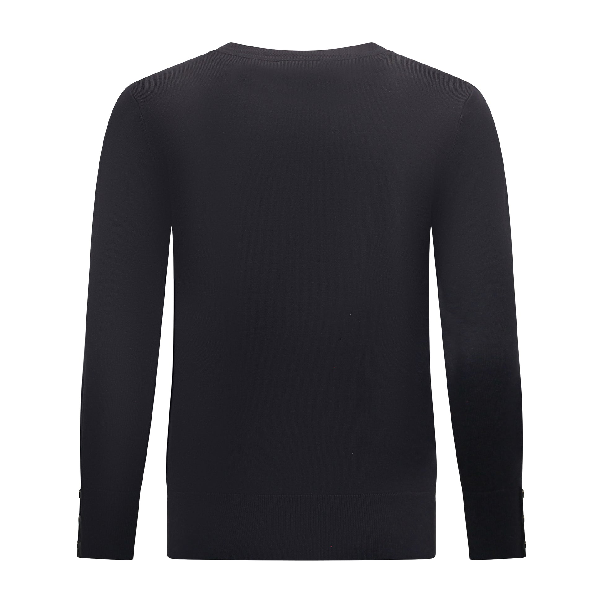 Achterzijde van Brandtex Trui Renske met ronde hals, lange mouwen en boord in marineblauw.