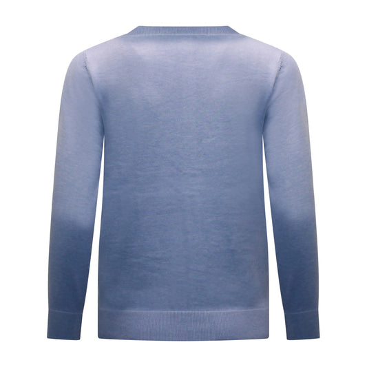 Achterzijde van Brandtex vest Bianca in blauw met lange mouwen, ribgebreide boorden en zachte knitstructuur.