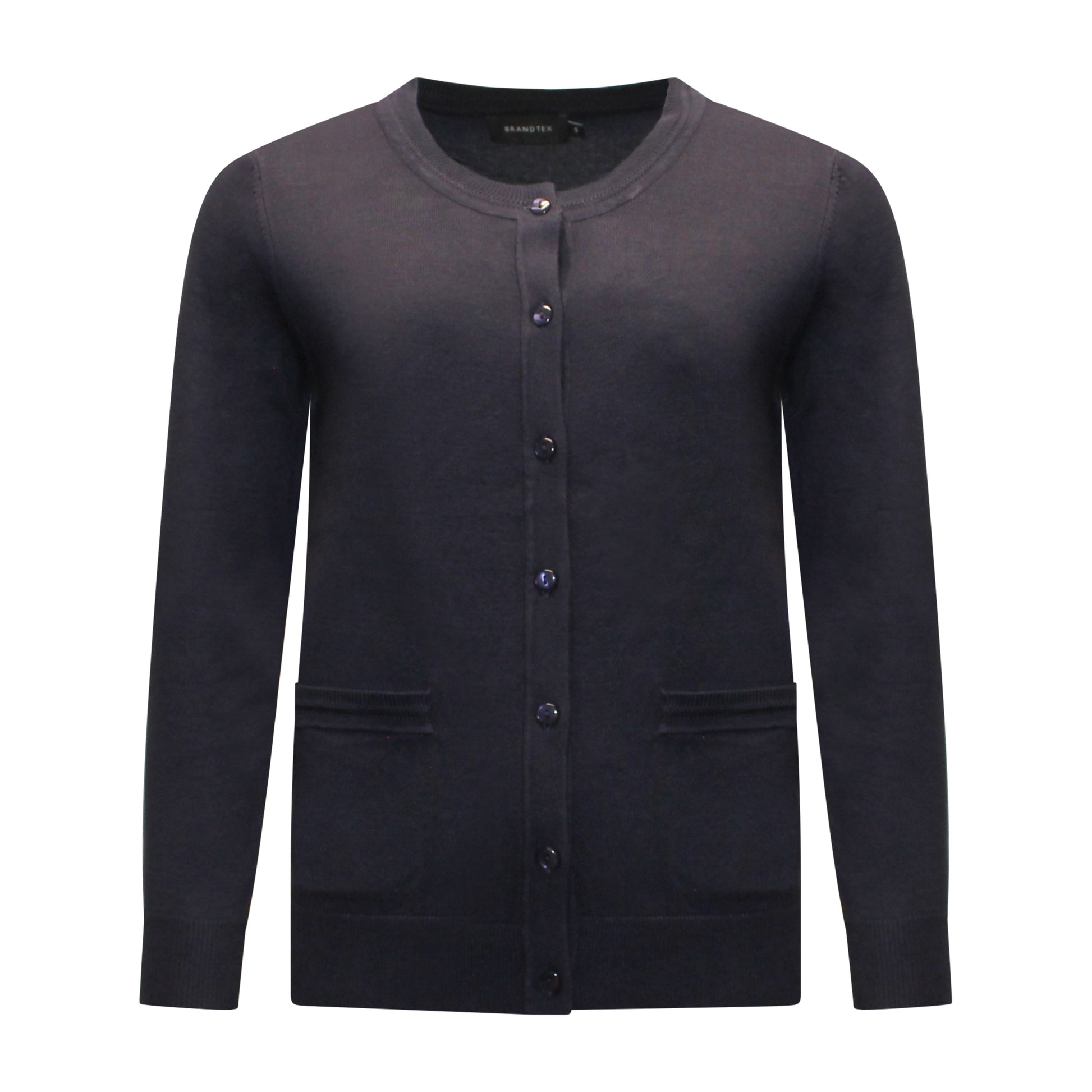 Voorzijde van Brandtex vest Bianca in marineblauw met ronde hals, knoopsluiting, lange mouwen, ribgebreide boorden en twee gestikte zakken.