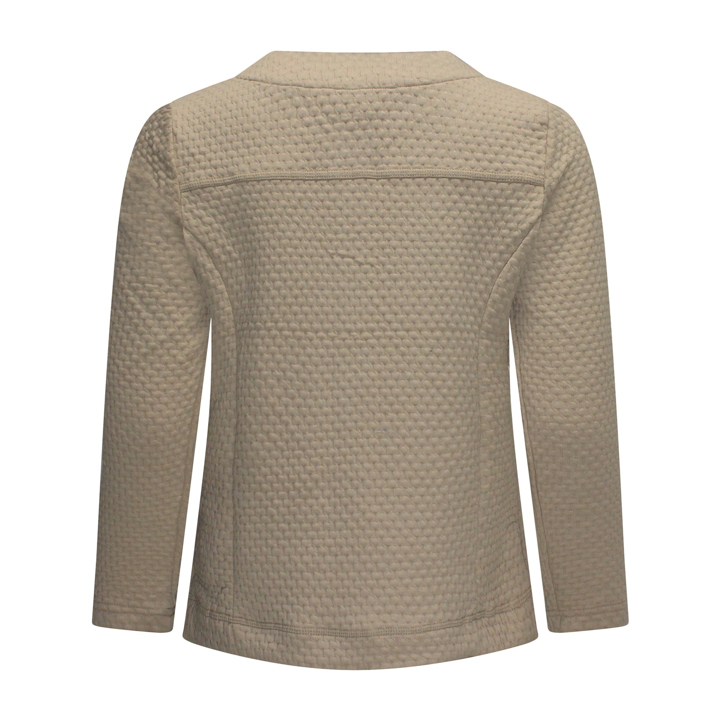 Achterzijde van Brandtex vest Sanne met ronde hals, knopen en lange mouwen in het beige.