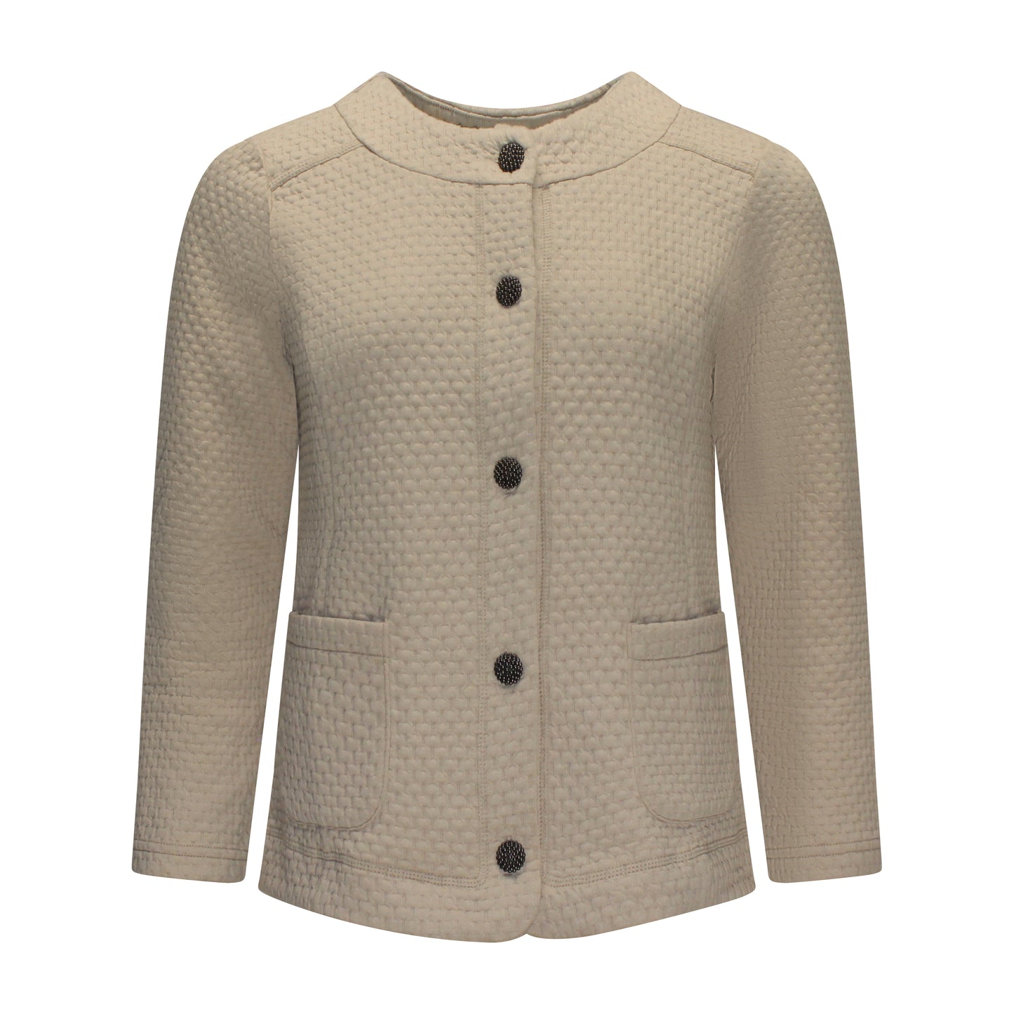 Voorzijde van Brandtex vest Sanne met ronde hals, knopen en lange mouwen in het beige.