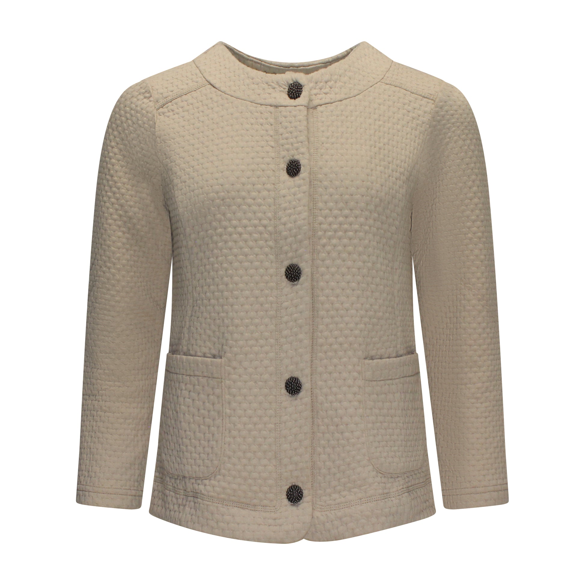 Voorzijde van Brandtex vest Sanne met ronde hals, knopen en lange mouwen in het beige.
