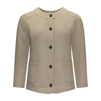 Voorzijde van Brandtex vest Sanne met ronde hals, knopen en lange mouwen in het beige.