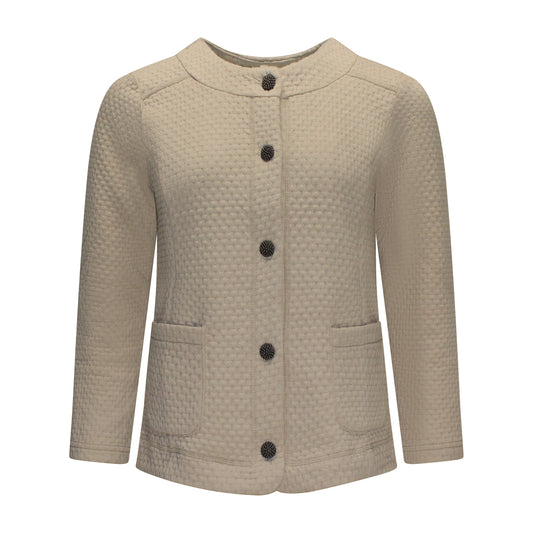 Voorzijde van Brandtex vest Sanne met ronde hals, knopen en lange mouwen in het beige.