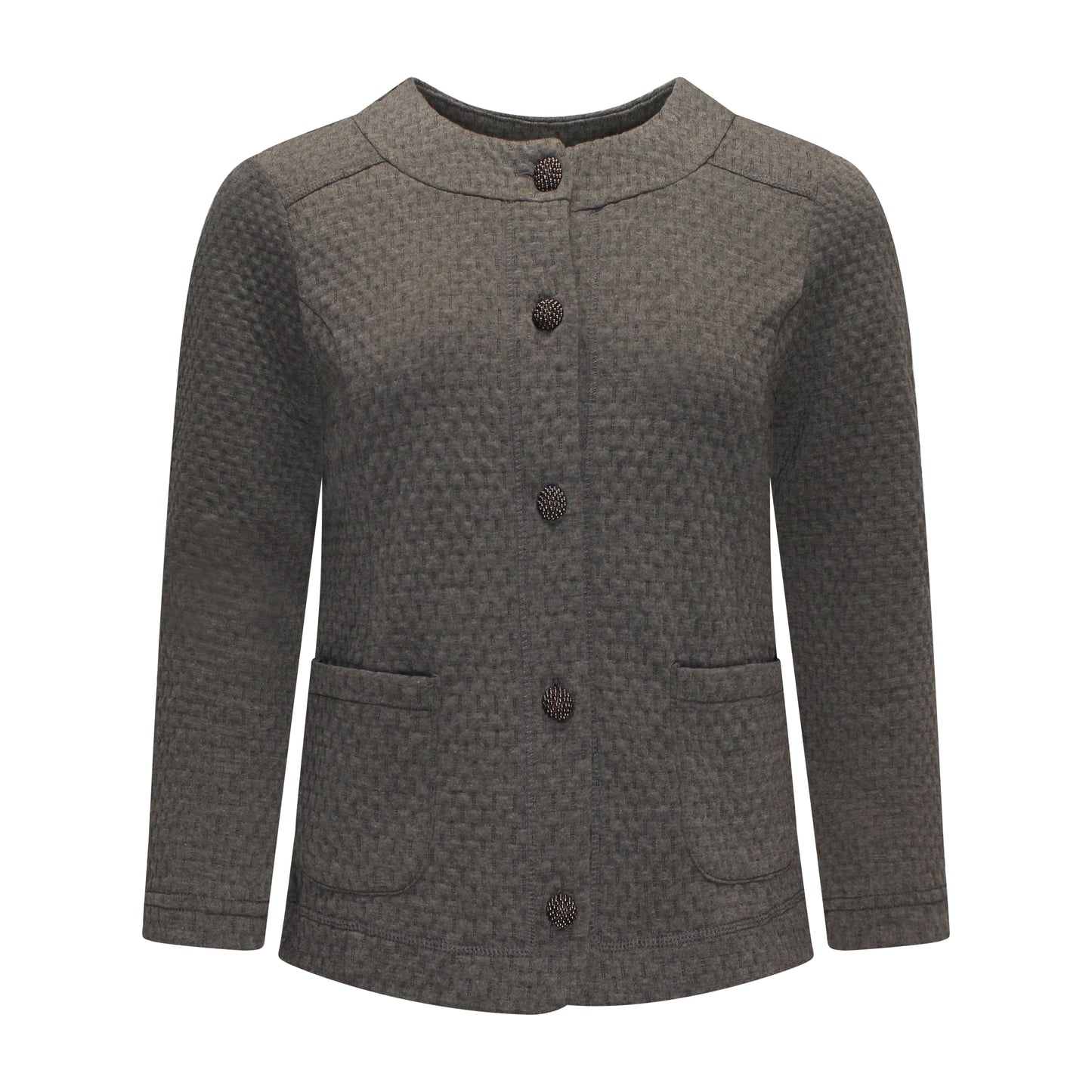 Voorzijde van Brandtex vest Sanne met ronde hals, knopen en lange mouwen in het grijs.