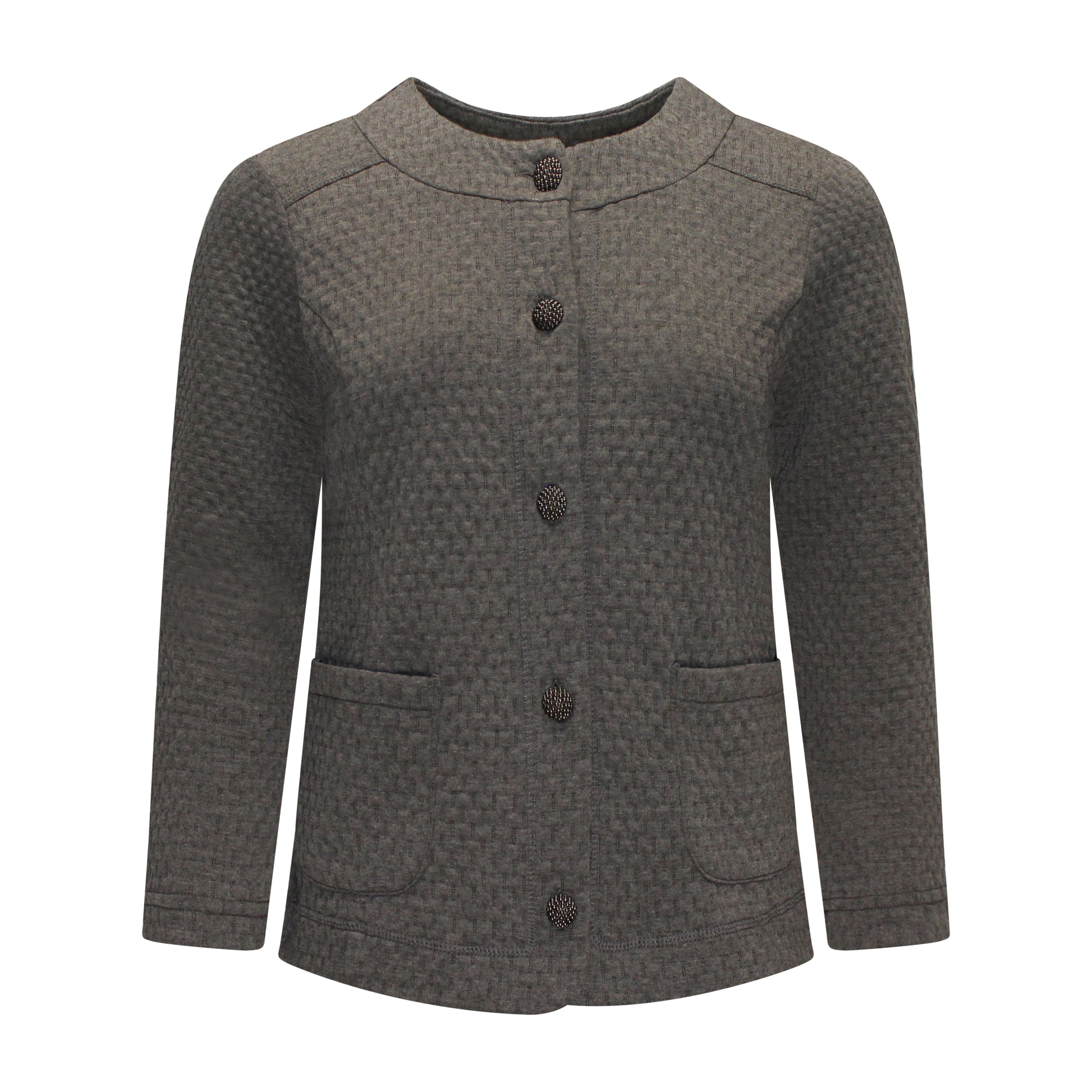 Voorzijde van Brandtex vest Sanne met ronde hals, knopen en lange mouwen in het grijs.