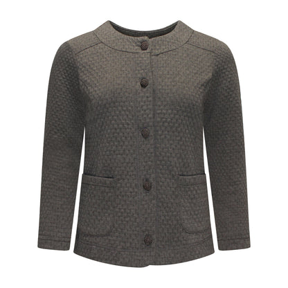 Voorzijde van Brandtex vest Sanne met ronde hals, knopen en lange mouwen in het grijs.