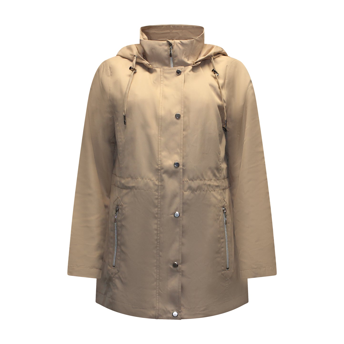 Voorzijde van Brandtex jas Hilda met capuchon en verstelbaar trekkoord in het beige.