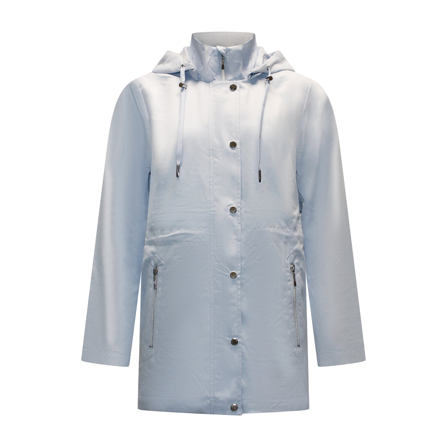 Voorzijde van Brandtex jas Hilda met capuchon en verstelbaar trekkoord in lichtblauw.