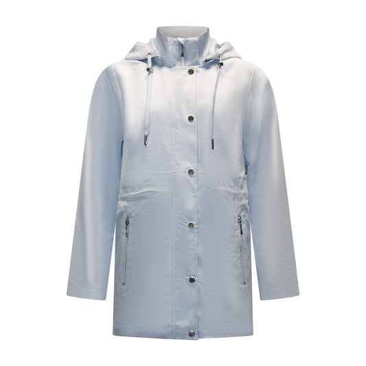 Voorzijde van Brandtex jas Hilda met capuchon en verstelbaar trekkoord in lichtblauw.