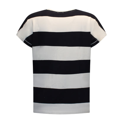 Achterzijde van Gabriella K Shirt Mirella met aangeknipte mouwen en streepmotief in offwhite met donkerblauw.