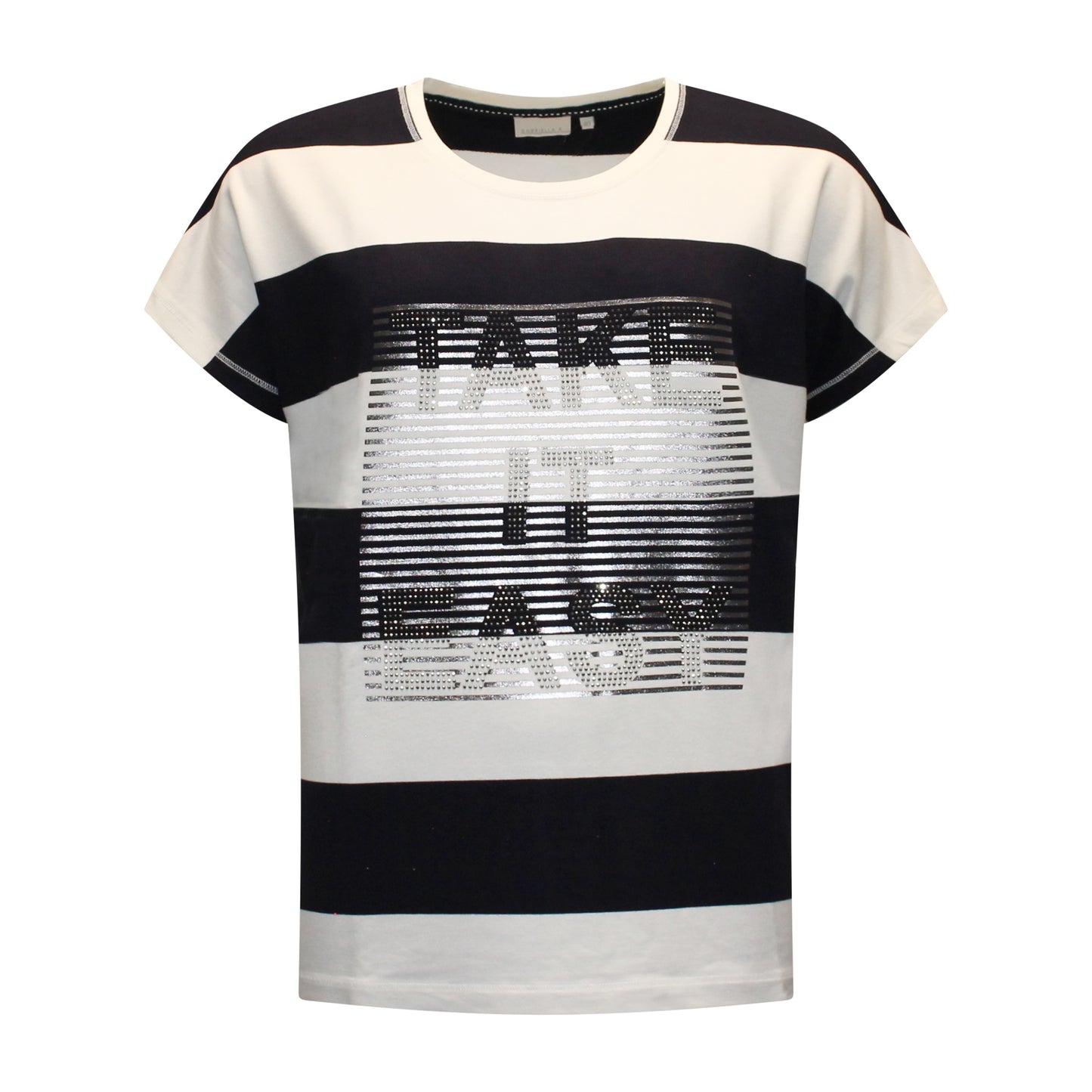 Voorzijde van Gabriella K Shirt Mirella met aangeknipte mouwen, tekstprint met steentjes, streepmotief en aantrekkoord in offwhite met donkerblauw.