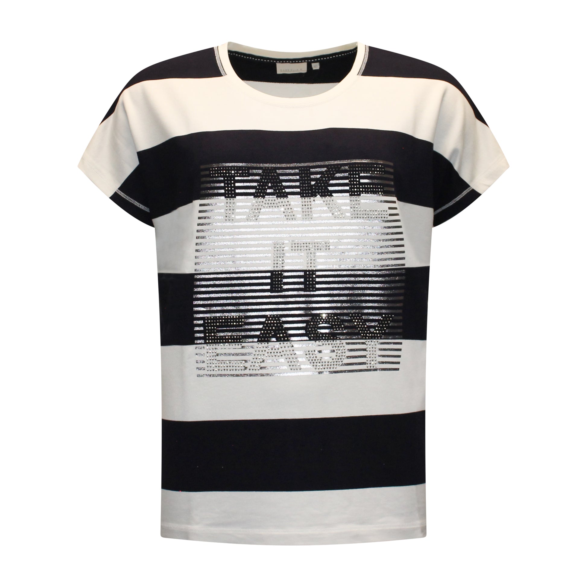 Voorzijde van Gabriella K Shirt Mirella met aangeknipte mouwen, tekstprint met steentjes, streepmotief en aantrekkoord in offwhite met donkerblauw.