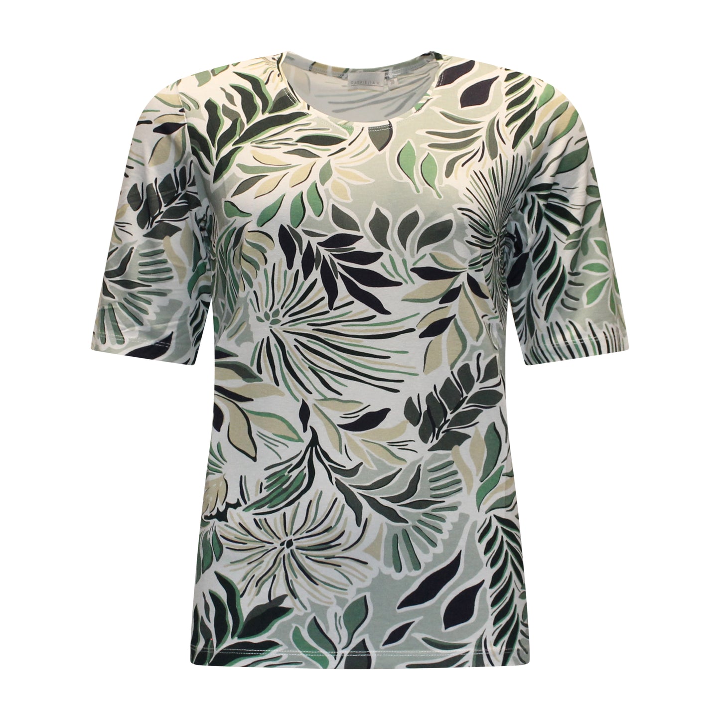 Voorzijde van Gabriella K T-shirt Wendy met korte mouwen, ronde hals en bladprint in groen.