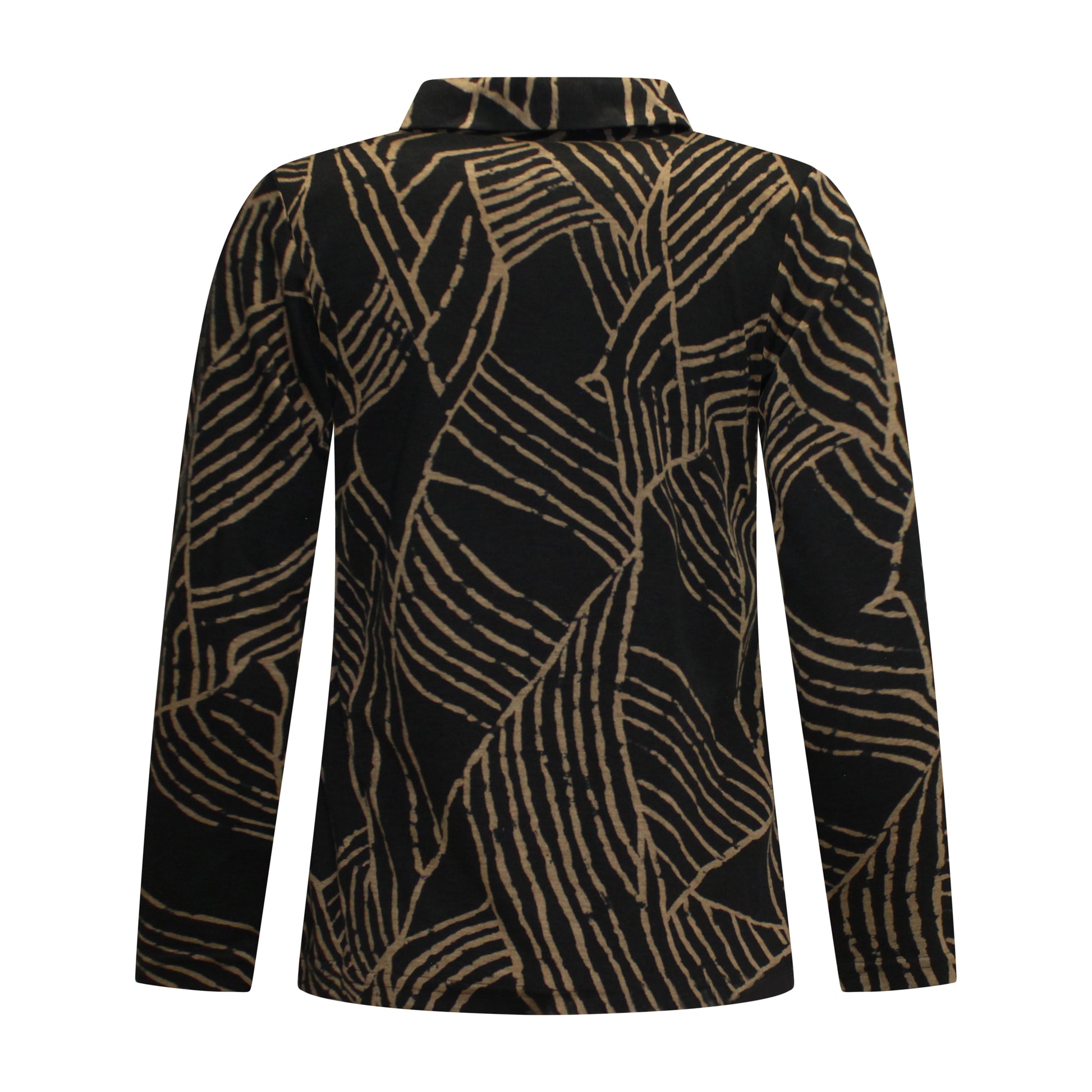 Achterzijde van Lady Style T-shirt Mirjam met lange mouwen in camel met zwart.