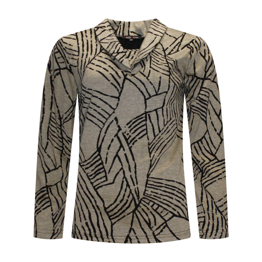 Voorzijde van Lady Style T-shirt Mirjam met sjaalkraag, lange mouwen en schoudervulling in zand met zwart.