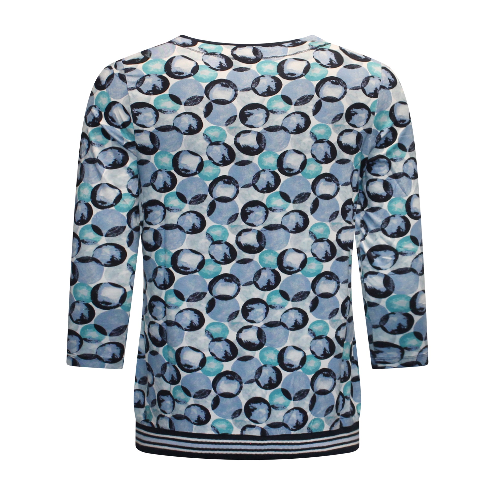 Achterzijde van MXO Blouson Isabel met driekwart mouwen, elastische onderband en cirkelmotief in blauw. Koordjesdetail aan de hals.