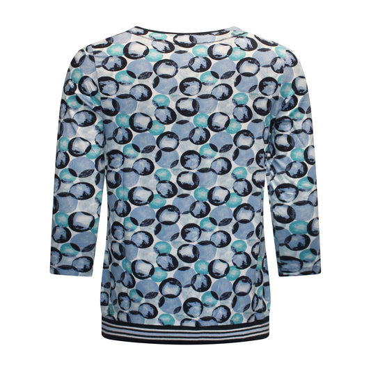 Achterzijde van MXO Blouson Isabel met driekwart mouwen, elastische onderband en cirkelmotief in blauw. Koordjesdetail aan de hals.