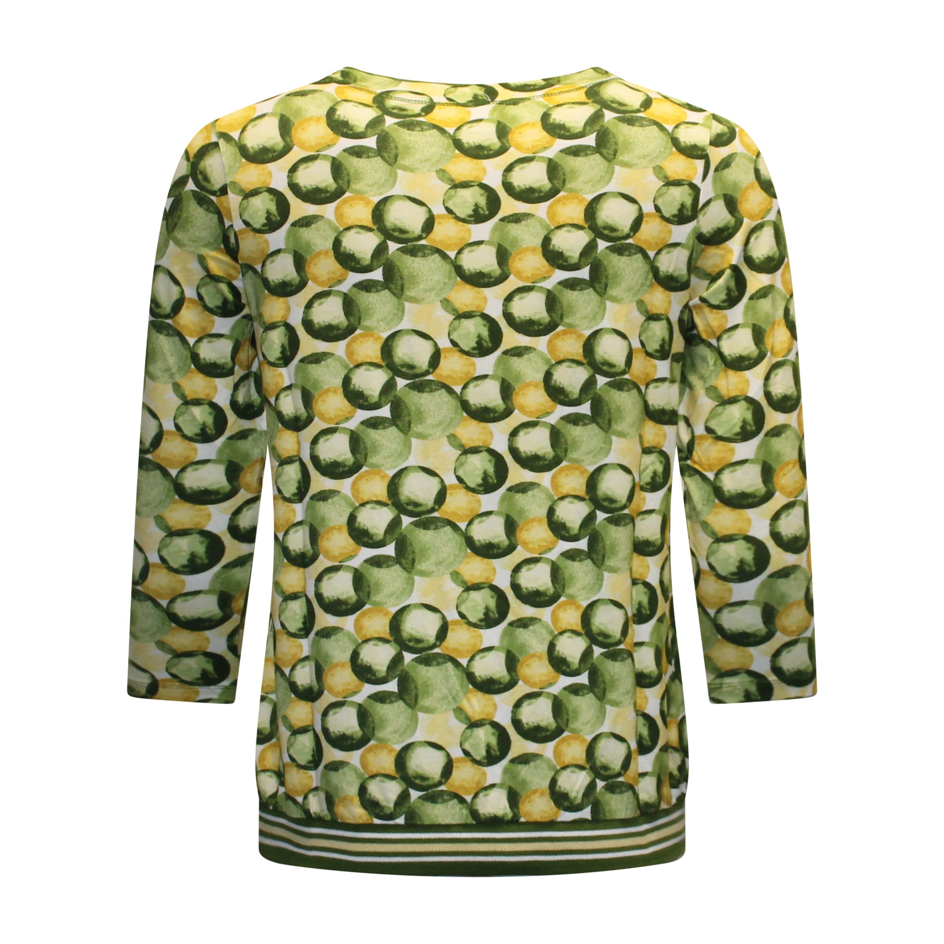 Achterzijde van MXO Blouson Isabel met driekwart mouwen, elastische onderband en cirkelmotief in groen. Koordjesdetail aan de hals.