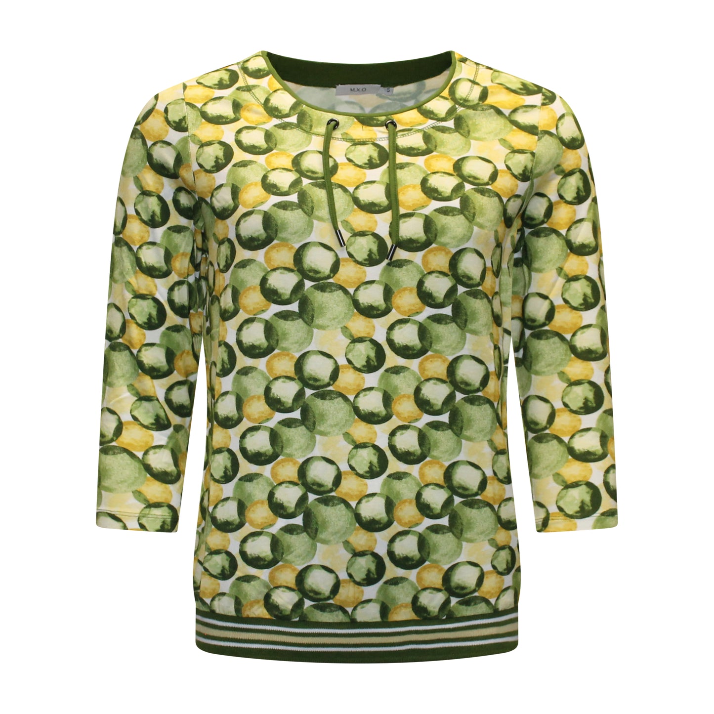 Voorzijde van MXO Blouson Isabel met ronde hals, driekwart mouwen, gestreepte elastische band en cirkelmotief in groen. Koordjesdetail aan de hals.