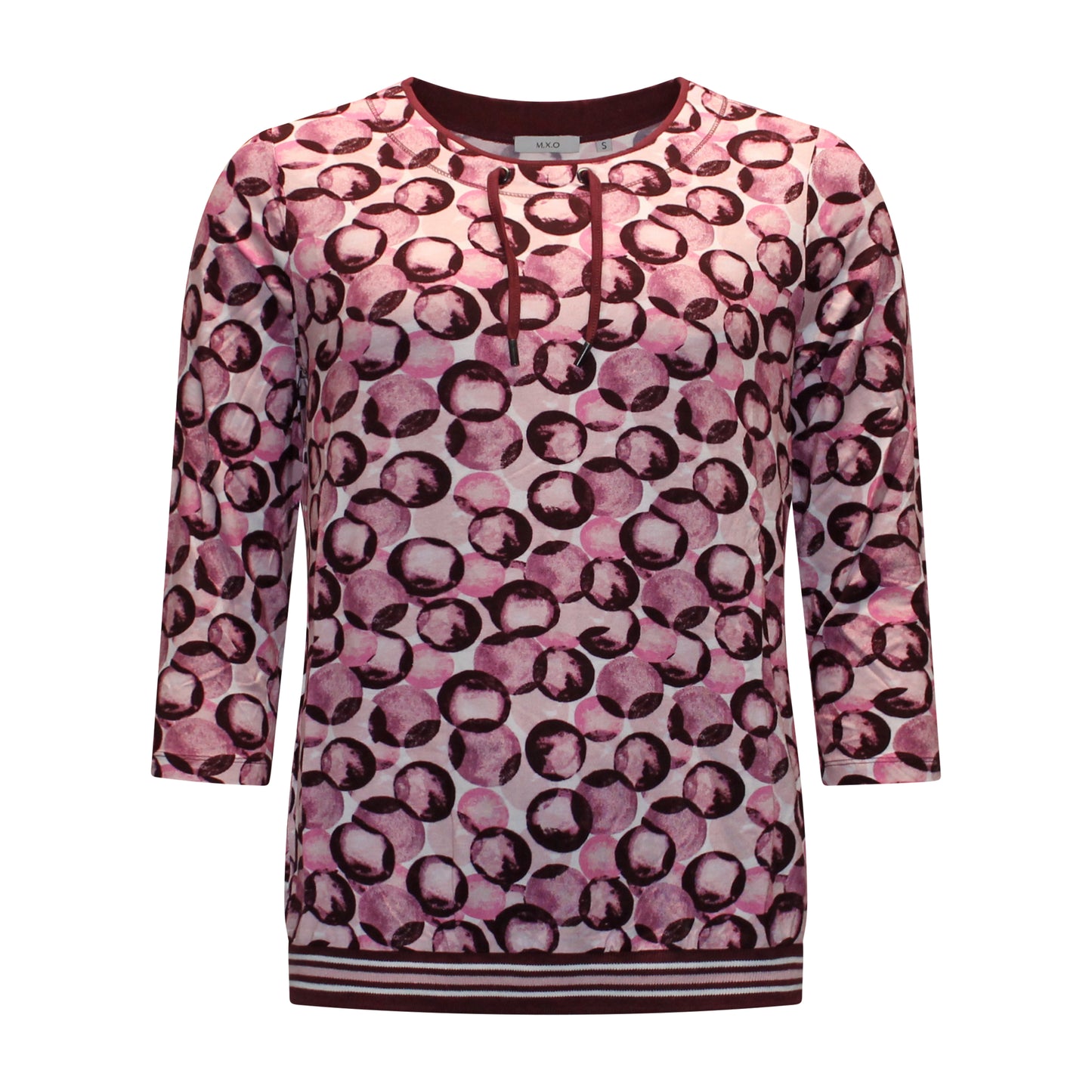 Voorzijde van MXO Blouson Isabel met ronde hals, driekwart mouwen, gestreepte elastische band en cirkelmotief in het roze. Koordjesdetail aan de hals.