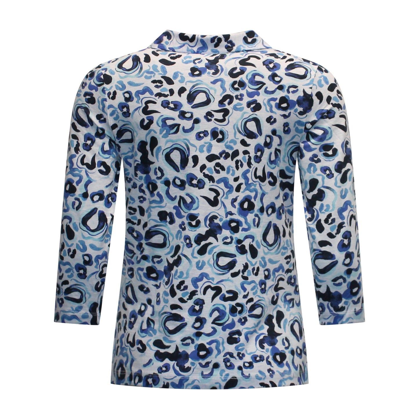 Achterzijde van Marinello poloshirt Marloes met recht model, driekwart mouwen en luipaarddessin in blauw en lichtgrijs.