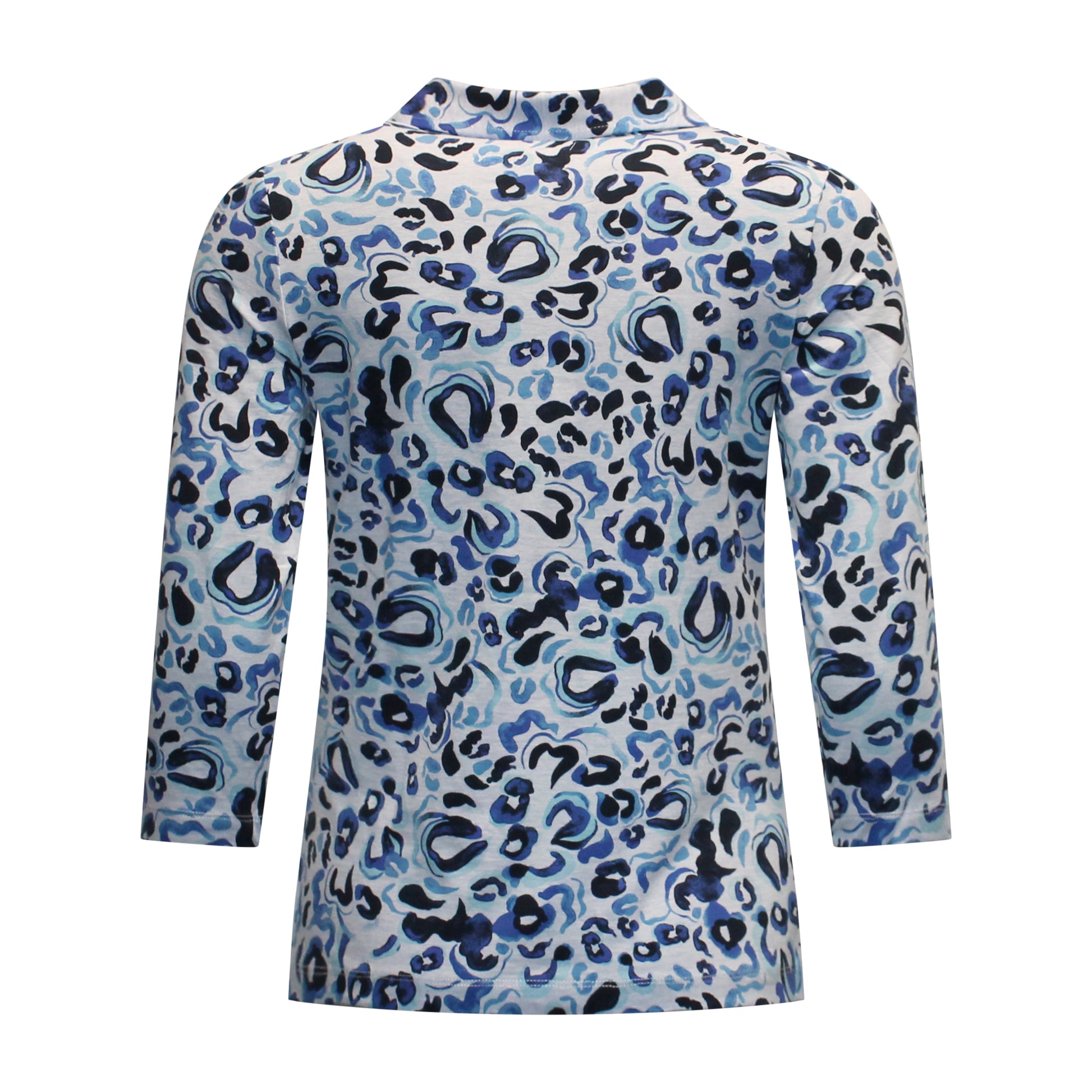 Achterzijde van Marinello poloshirt Marloes met recht model, driekwart mouwen en luipaarddessin in blauw en lichtgrijs.