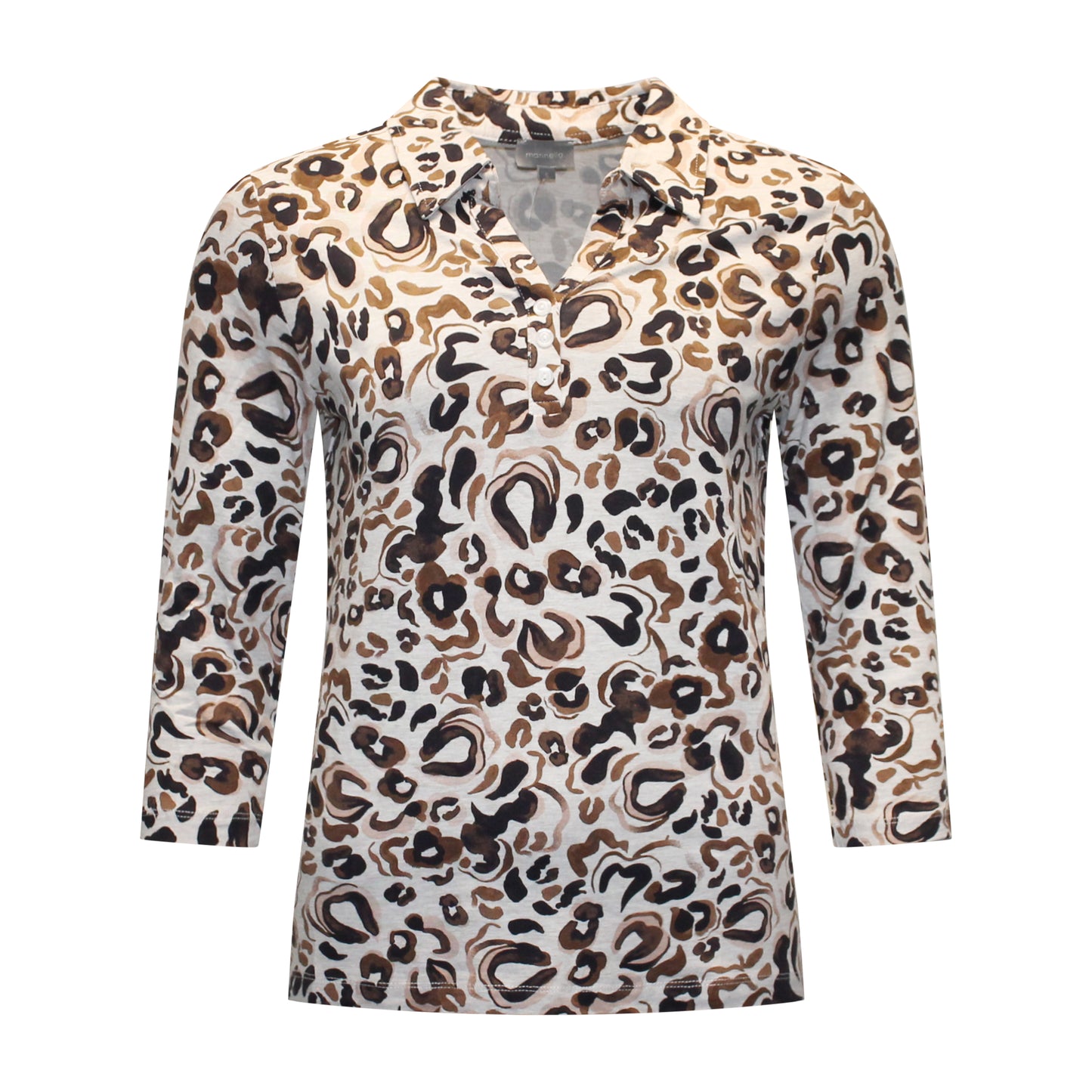 Voorzijde van Marinello poloshirt Marloes met V-hals, kraagje, driekwart mouwen en luipaardprint in bruin en taupe.