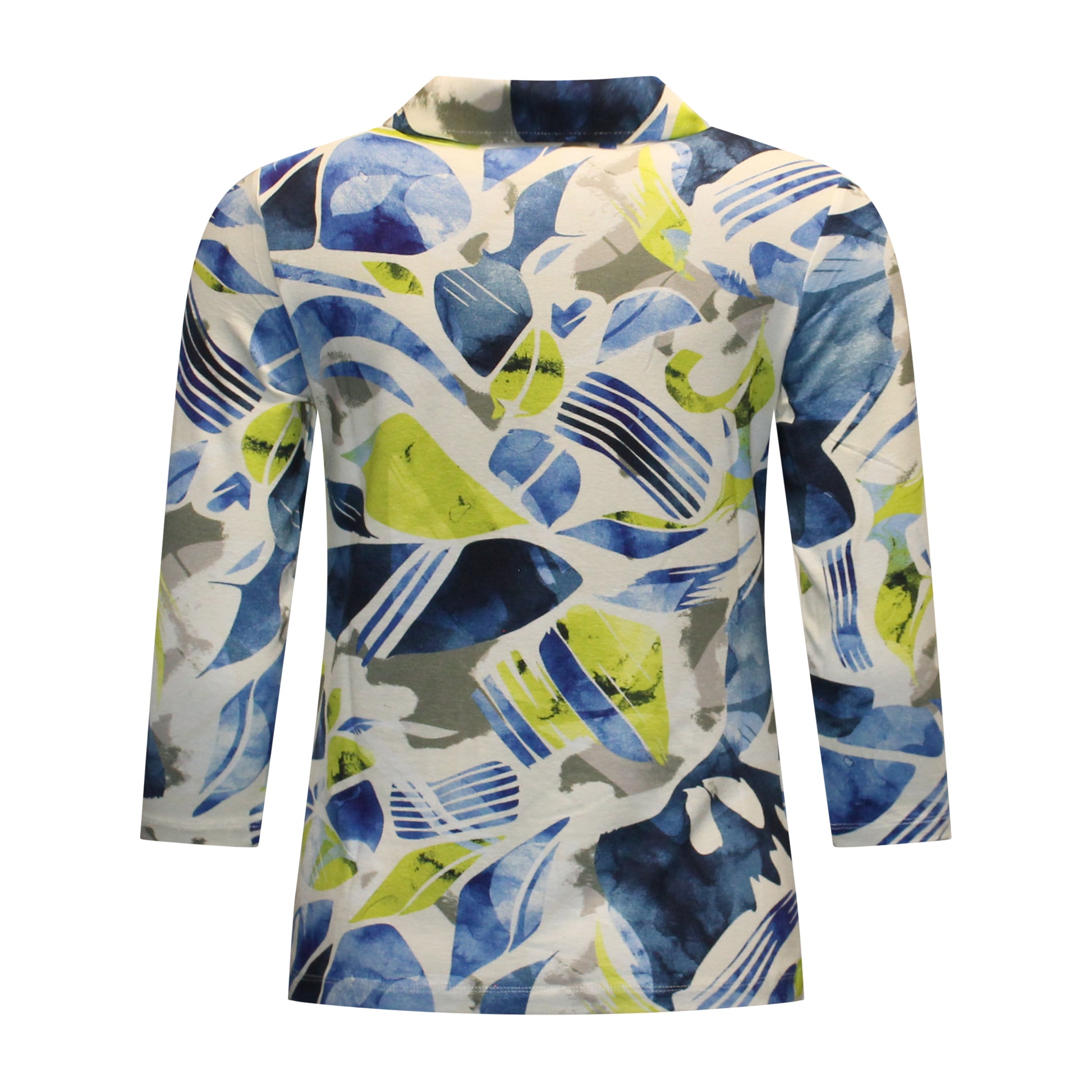 Achterzijde van Marinello poloshirt Nienke met recht model, driekwart mouwen en grafische print in groen met blauw.