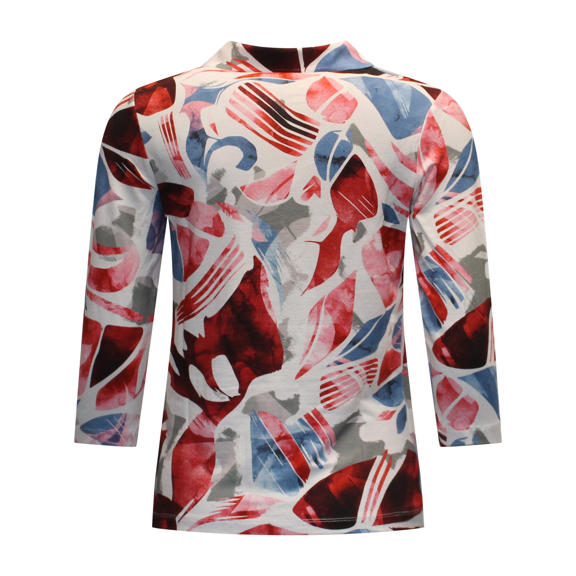 Achterzijde van Marinello poloshirt Nienke met recht model, driekwart mouwen en grafische print in rood met blauw.