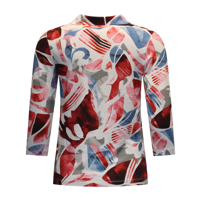 Achterzijde van Marinello poloshirt Nienke met recht model, driekwart mouwen en grafische print in rood met blauw.